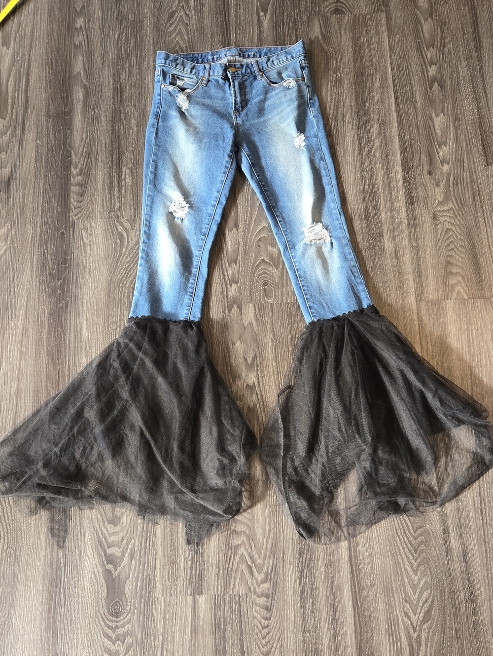 Articles Of Society Blue Distressed Jeans with Black Tulle Flare Upcycled